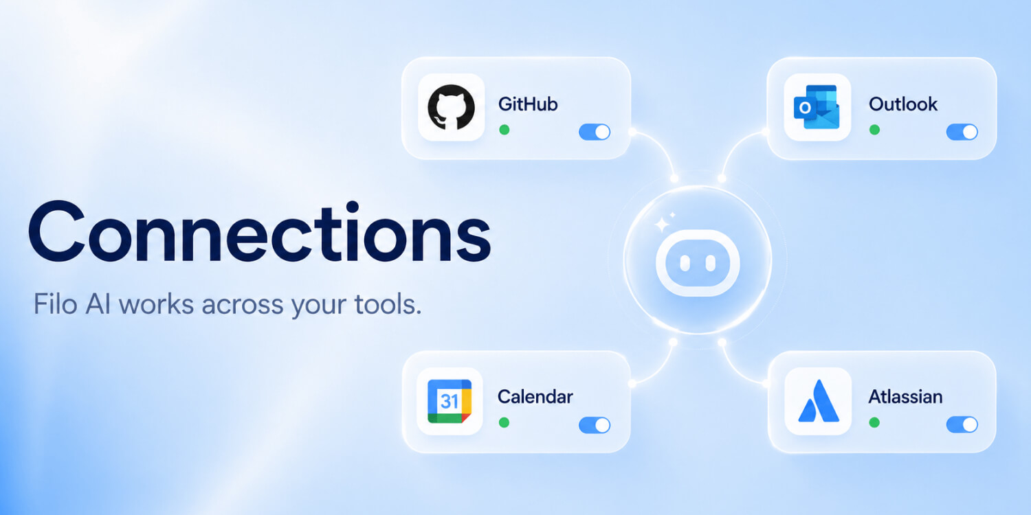 FiloMail 2.0 connections across GitHub, Outlook, Calendar, and Atlassian