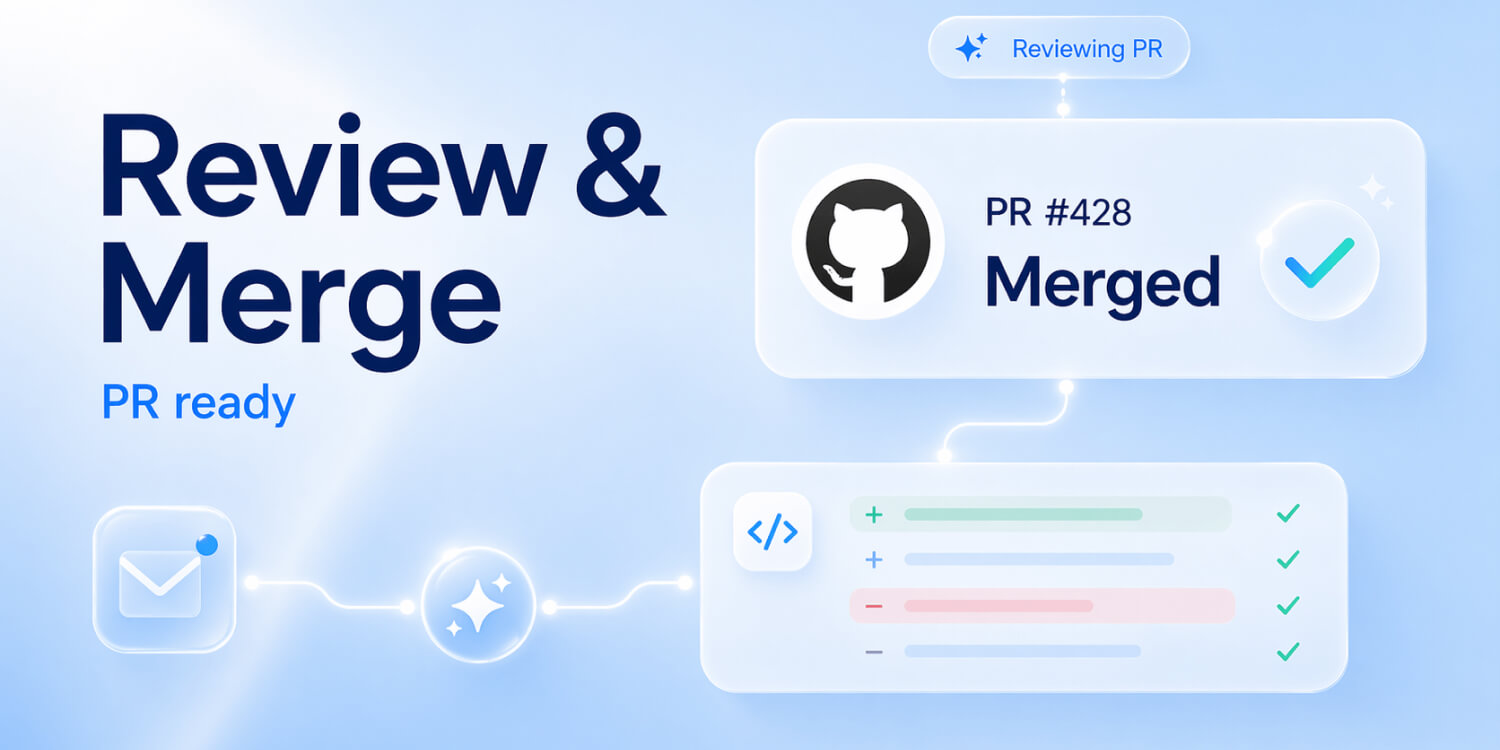 FiloMail 2.0 reviews a GitHub pull request and prepares a merge update