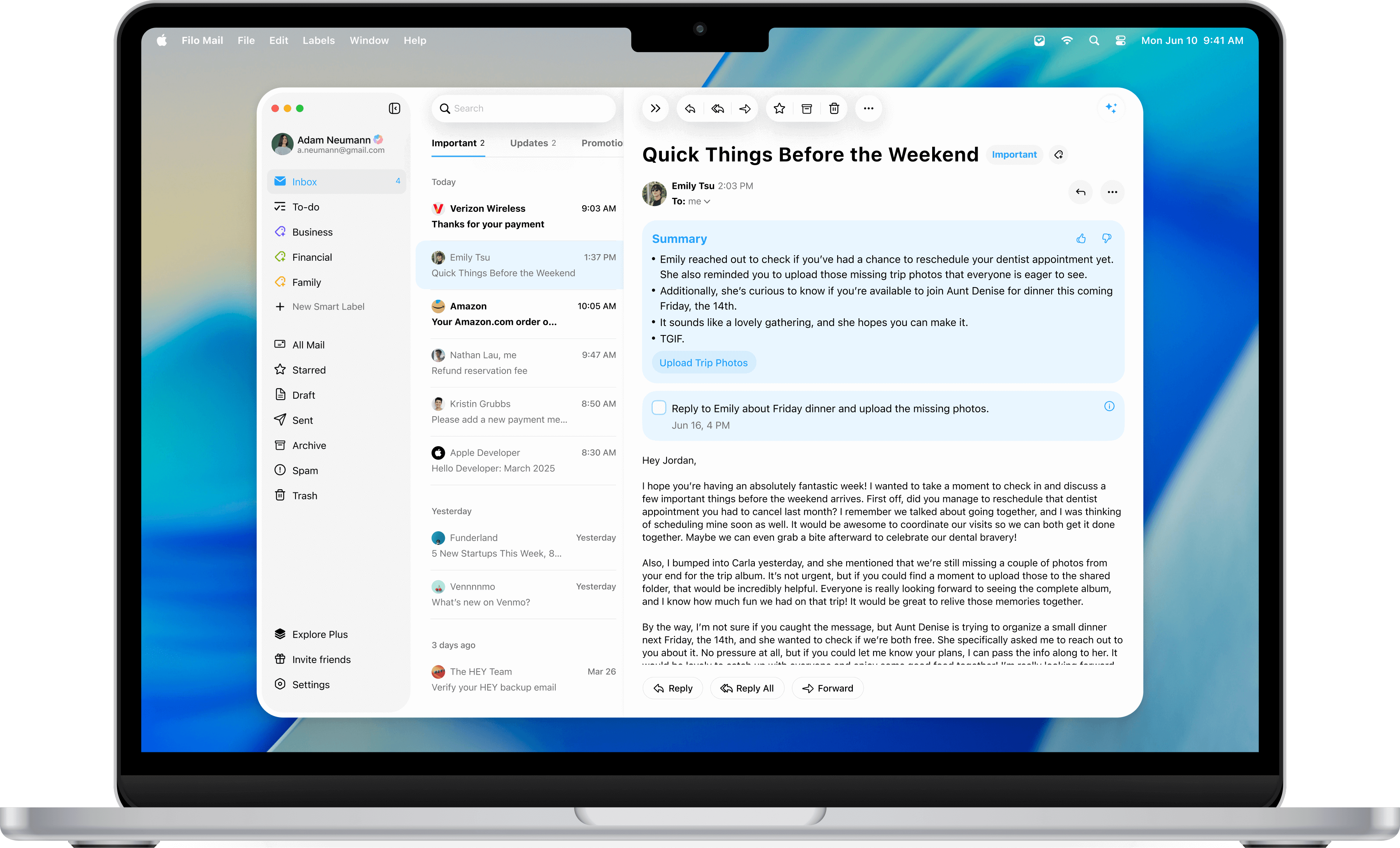 MacBook mockup showing Filo app